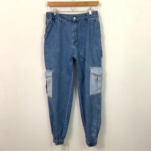 Forever 21 Two Tone Patchwork Cargo Denim Jogger Pants‎ Medium Wash Size 28